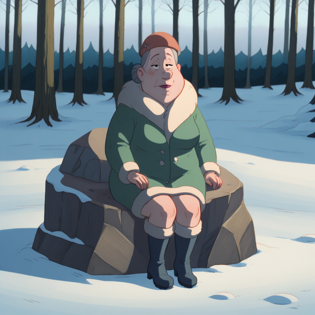 Ugly score_9_up, score_8_up, BREAK, solo, 1girl, MrsSanta, grey hair, black eyes, hat, green coat, fur trim, black boots, <lora:MrsSanta_SantaApprentice_PXL_Leaf4:1>, forest, snow, sitting on rock,
