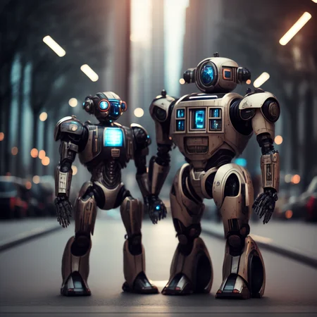photo Robot Police standing in the Street (MechaLabor style:1) <lora:djzMechaLabor:0.8)