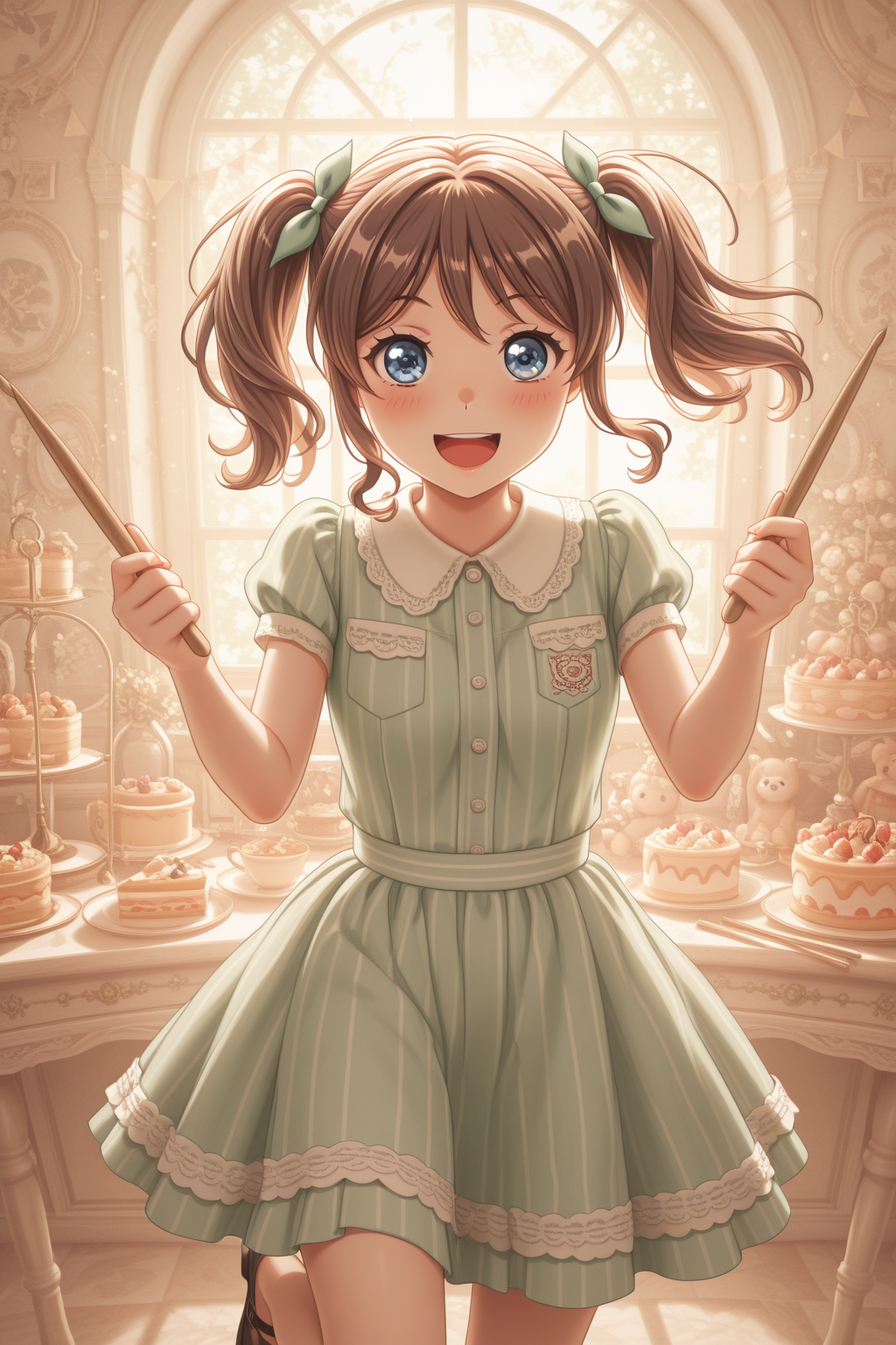 masterpiece, best quality, amazing quality, 1girl, solo, makeup, general, looking at viewer, blush, highres, cowboy shot, holding drumsticks, drum set, standing on one leg, tiered tray, cake, stuffed animals, balloons, string of flags, sunlight, lens flare, smile, blush, :d, whimsical garden party, <lora:Yamabuki_Saaya_Ban_Dori:1>, Yamabuki_Saaya_Ban_Dori, blue eyes, brown hair, long hair, twintails, hair ribbon, bow, breasts, sidelocks, striped dress, <lora:wai-2Rectified-V140:1>, <lora:illustrious_noobai_epsilon_pred_1_masterpieces_v1:1>
