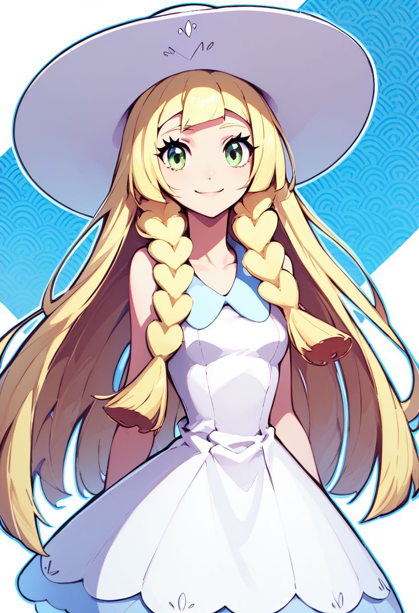 score_9, score_8_up, score_8, medium breasts, (curvy), cute, eyelashes,     
rating safe, 
BREAK,
zzlillie, long hair, braid, sun hat, white headwear, collarbone, sleeveless dress, white dress,
BREAK,
smile, looking at viewer, 
blue theme, 
abstract background, tsunami pattern background, white outline, 
zPDXL,