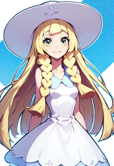 score_9, score_8_up, score_8, medium breasts, (curvy), cute, eyelashes,
rating safe,
BREAK,
zzlillie, long hair, braid, sun hat, white headwear, collarbone, sleeveless dress, white dress,
BREAK,
smile, looking at viewer,
blue theme,
abstract background, tsunami pattern background, white outline,
zPDXL,