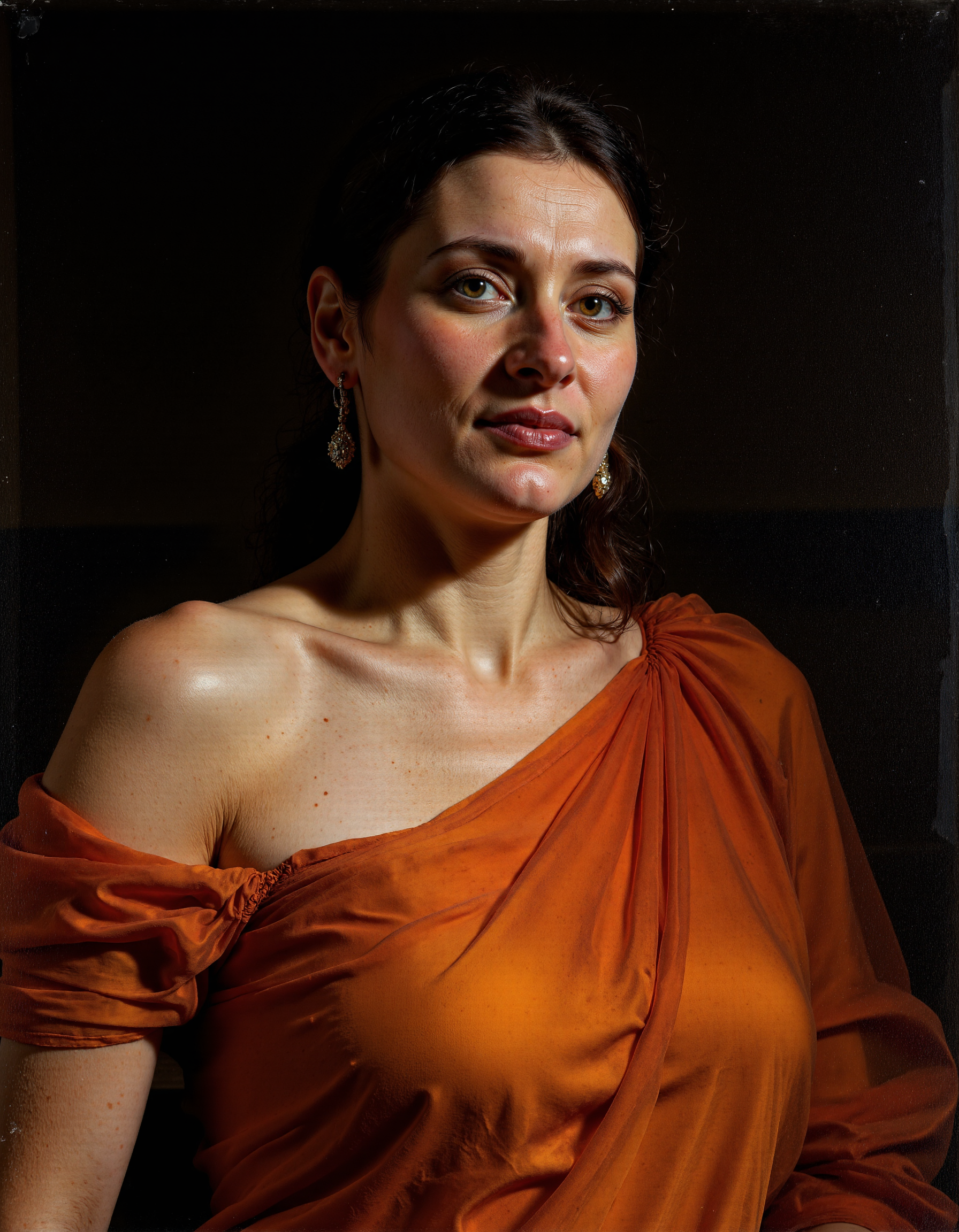 Rembrandt style <lora:ona:1>, Midbody portrait of pretty mature 45 years old woman, <lora:SuperModel-V9:0.7>, beautiful pure color, charming, revealing, celestial background, detailed, gentle, delicate, warm light, transformed, fascinating, attractive, glowing, symmetry, intense, very coherent, cute, determined, innocent, generous, loving . Baroque, chiaroscuro, realistic, emotional, "flat lighting