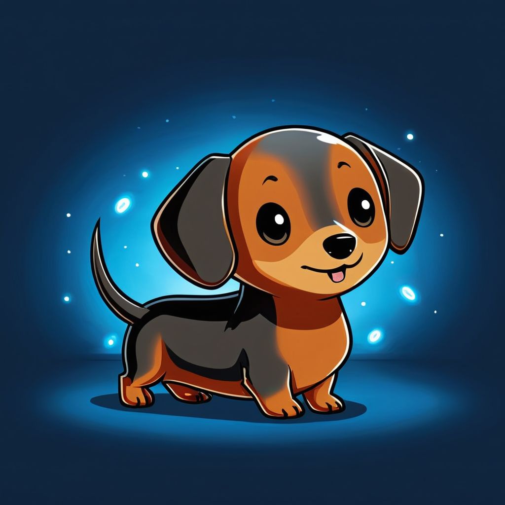 cartoon of Dachshund in (ctswx:1.2) style, cute, chibi, joyous expression,  candid pose, glowing Sapphire background, rim lighting,  complementary colors,     <lora:Cute_Tshirt_Style_XL_v5.1-000017:1>