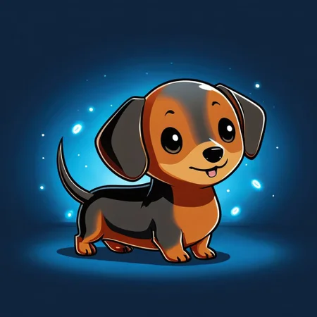 cartoon of Dachshund in (ctswx:1.2) style, cute, chibi, joyous expression, candid pose, glowing Sapphire background, rim lighting, complementary colors, <lora:Cute_Tshirt_Style_XL_v5.1-000017:1>