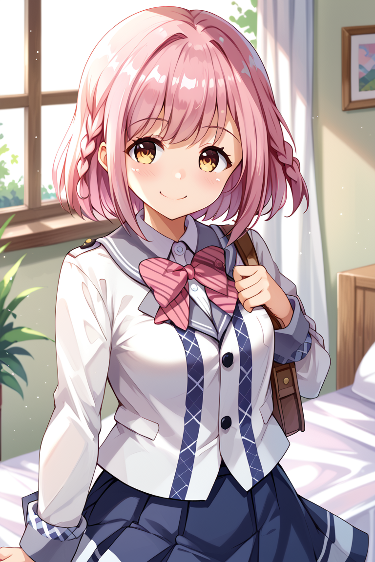 score_9,score_8_up,score_7_up BREAK source_anime,break,
<lora:Hoshizaki_Akari:1>,hoshizaki_akari,pink hair,braid,short hair,cowboy shot,school uniform,smile,