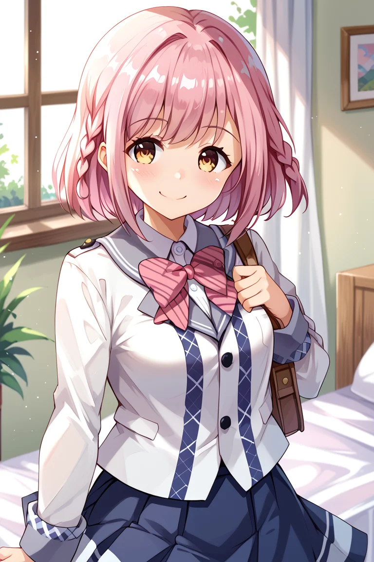 score_9,score_8_up,score_7_up BREAK source_anime,break,
<lora:Hoshizaki_Akari:1>,hoshizaki_akari,pink hair,braid,short hair,cowboy shot,school uniform,smile,