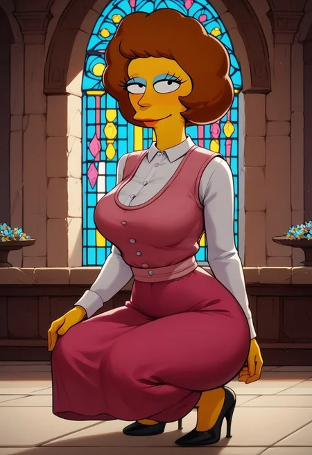 score_9, score_8_up, score_7_up, score_6_up, score_5_up, score_4_up,
source: illustration,maude,Simpsons, expressive, full body, hypermuscular,slim waist,milf,(seductive pose,:1.15) cute, beautiful,wearing a white blouse and a pink skirt and vest,squatting, bend over at an altar,pretty,at a church, inside,brown hair,brown fur, highly detailed, intricate details, digital art, perfect anatomy, perfect proportions, 4k, (dynamic pose:1.25),the_simpsons_ponyxl, maude