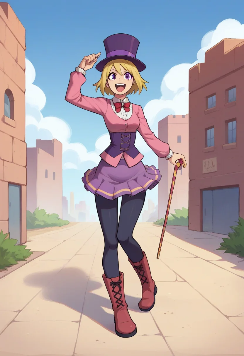 PonyXLV6_Scores,1girl, <lora:StreetPerformerPCPony:0.7>,streetperformerpc,(solo:1.2),short hair,blonde hair,top hat,skirt,long sleeves,black pantyhose,cane,boots,,happy,:d,purple eyes,outdoors,desert, city,full body
