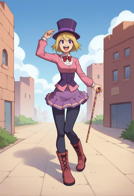 PonyXLV6_Scores,1girl, <lora:StreetPerformerPCPony:0.7>,streetperformerpc,(solo:1.2),short hair,blonde hair,top hat,skirt,long sleeves,black pantyhose,cane,boots,,happy,:d,purple eyes,outdoors,desert, city,full body