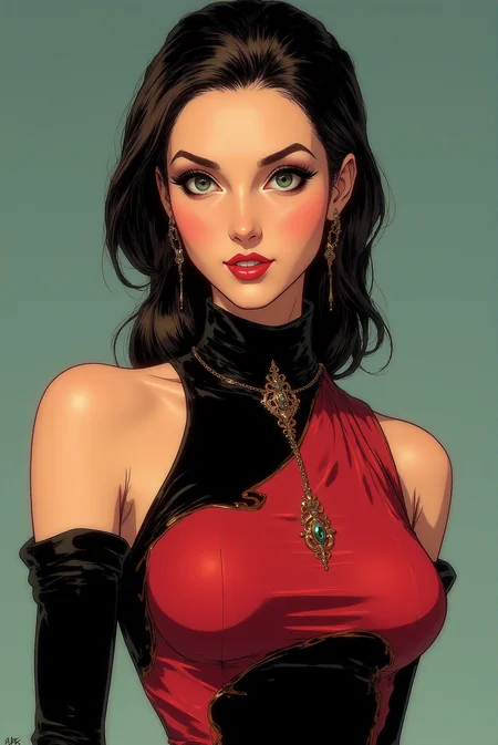 <lora:FANCHA_v.6:0.8> A highly detailed, digital photorealistic colors comic book inspired artwork features a feminine yet slender female character Alena. Mischievous smirk, sly yet friendly expression and elegant, toned posture. She wears an exquisite, (strict) yet intriguing and captivating outfit. (Realistic, natural body proportions. Photogenic, graceful pose).