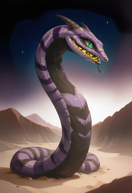 score_9, score_8_up, score_7_up, score_6_up, score_5_up, score_4_up, sandworm, source_sandworm_kawaii, (snake, slit pupils, green eyes, purple body, body markings, black eye markings, 2 pair of horns, black belly scales, forked tongue, sammie the sandworm) emerging from sand, snkemrgCE_style, alien desert, surreal sandy landscape, under starry sky, (Saturn) in the dark sky, chiaroscuro, low-key lighting, ((no humans))