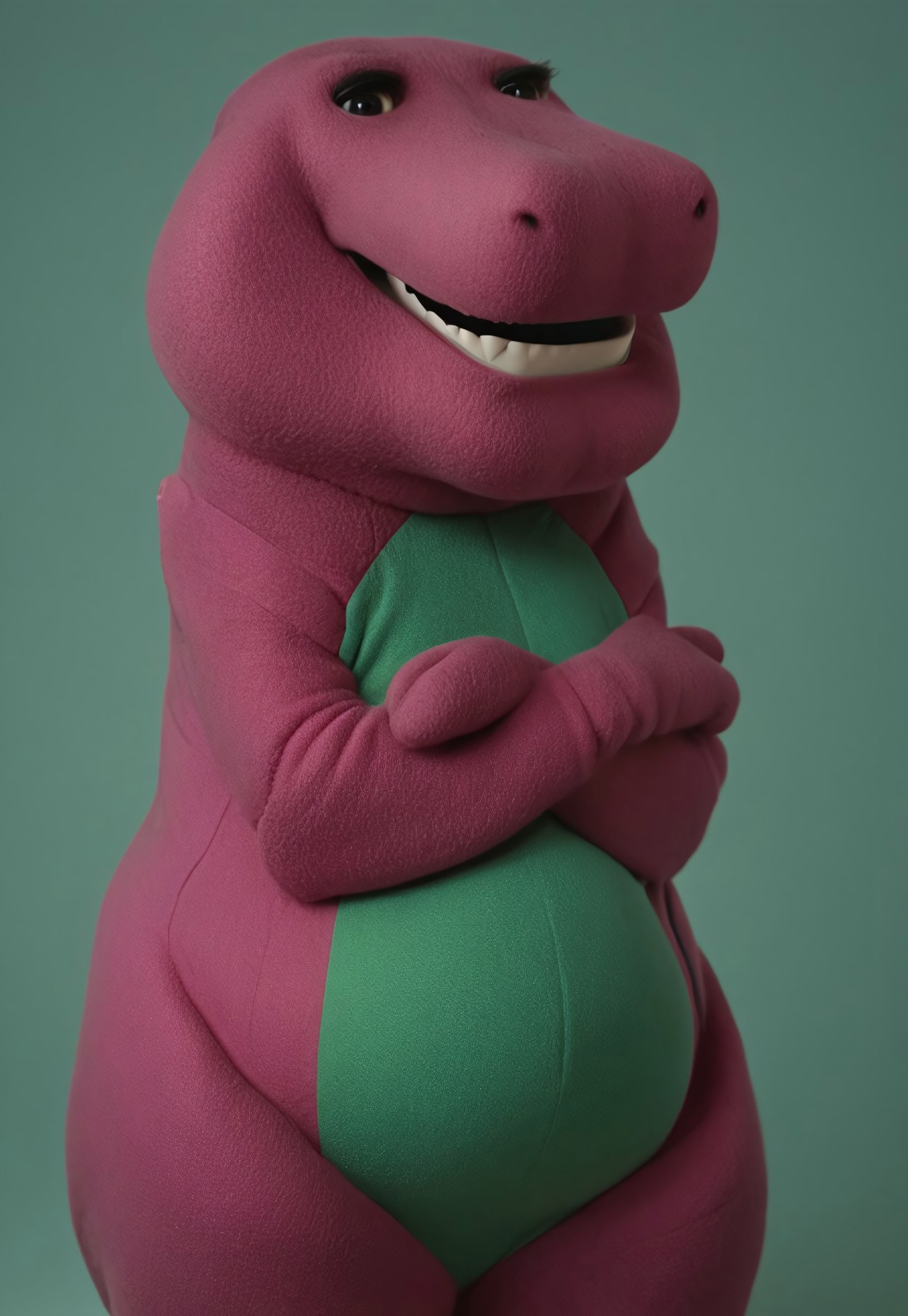 barneydinosaur, score_9, score_8_up, score_7_up, score_6_up, score_5_up, score_4_up, source_furry, hi res, sfw, photorealistic, realistic, photo, solo, 1boy,

anthro, biped, dinosaur, scalie, tyrannosaurus rex, purple body, green belly, fat, chubby, mascot suit, plush costume, white teeth, black eyes, short arms, (two fingers), sharp teeth,

Looking at the viewer, angry, very angry expression, furious expression, arms crossed, closed mouth, portrait,

green background, simple background
