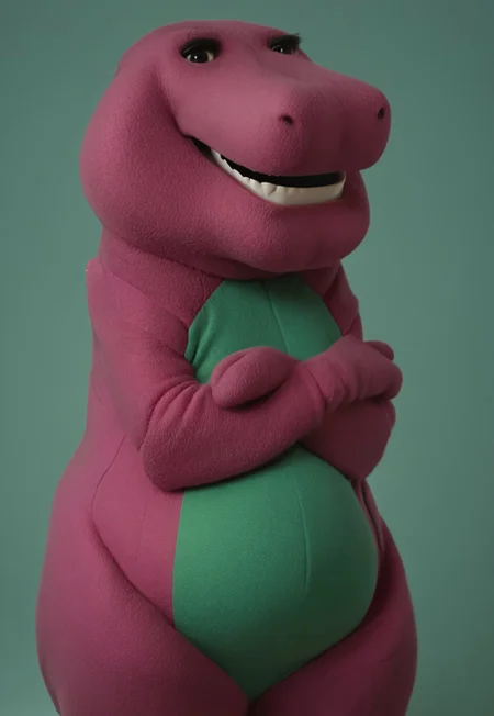 barneydinosaur, score_9, score_8_up, score_7_up, score_6_up, score_5_up, score_4_up, source_furry, hi res, sfw, photorealistic, realistic, photo, solo, 1boy,
anthro, biped, dinosaur, scalie, tyrannosaurus rex, purple body, green belly, fat, chubby, mascot suit, plush costume, white teeth, black eyes, short arms, (two fingers), sharp teeth,
Looking at the viewer, angry, very angry expression, furious expression, arms crossed, closed mouth, portrait,
green background, simple background