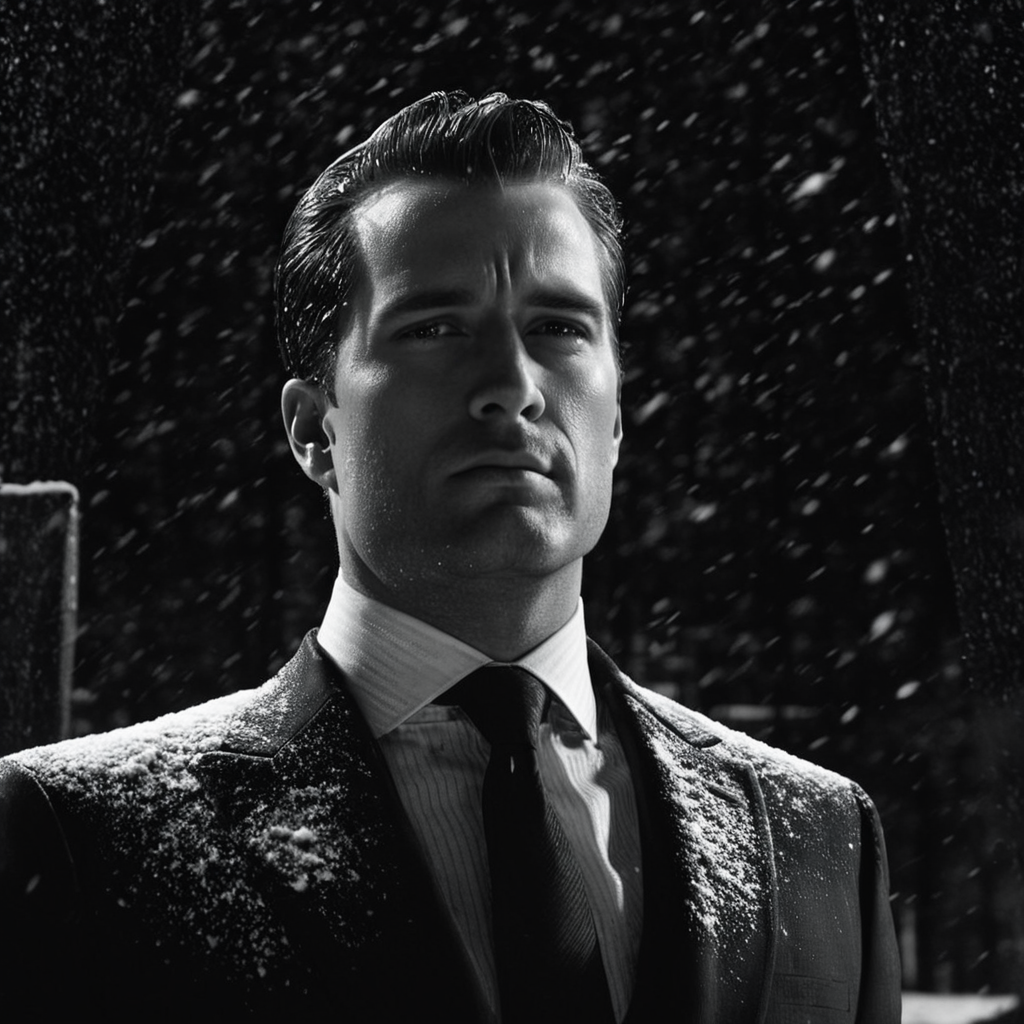 cinematic film still of  <lora:sin city style v2:1>
In Sin City universe a man partially covered in shadows in a suit and tie standing in the snow sin city style,solo,1boy,monochrome,upper body,greyscale,male focus,necktie,facial hair,formal,suit,snow,snowing,realistic,Frank Miller's Sin City,dark theme,cinematic film,comic book series,graphic novel,Neo-noir,high contrasts,sin city style , film noir, low key light, dim light, low light, dramatic light, film grain, shallow depth of field, vignette, highly detailed, high budget, bokeh, cinemascope, moody, epic, gorgeous, film grain, grainy