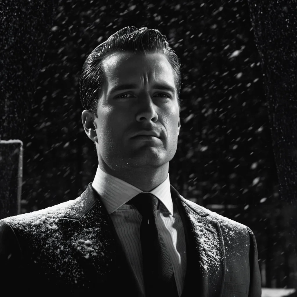 cinematic film still of <lora:sin city style v2:1>
In Sin City universe a man partially covered in shadows in a suit and tie standing in the snow sin city style,solo,1boy,monochrome,upper body,greyscale,male focus,necktie,facial hair,formal,suit,snow,snowing,realistic,Frank Miller's Sin City,dark theme,cinematic film,comic book series,graphic novel,Neo-noir,high contrasts,sin city style , film noir, low key light, dim light, low light, dramatic light, film grain, shallow depth of field, vignette, highly detailed, high budget, bokeh, cinemascope, moody, epic, gorgeous, film grain, grainy