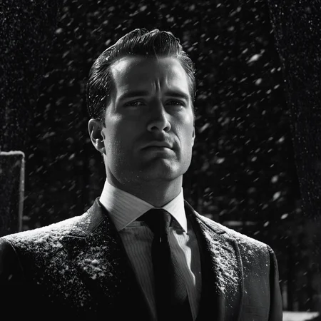 cinematic film still of <lora:sin city style v2:1>
In Sin City universe a man partially covered in shadows in a suit and tie standing in the snow sin city style,solo,1boy,monochrome,upper body,greyscale,male focus,necktie,facial hair,formal,suit,snow,snowing,realistic,Frank Miller's Sin City,dark theme,cinematic film,comic book series,graphic novel,Neo-noir,high contrasts,sin city style , film noir, low key light, dim light, low light, dramatic light, film grain, shallow depth of field, vignette, highly detailed, high budget, bokeh, cinemascope, moody, epic, gorgeous, film grain, grainy
