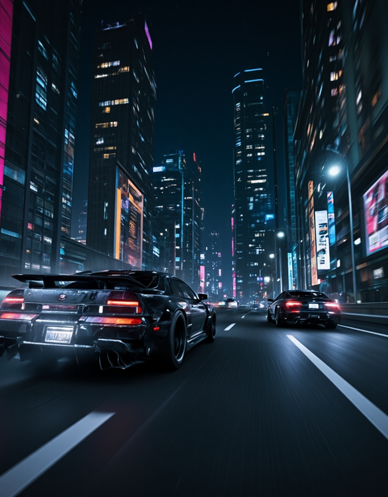 <lora:Space_Worlds_01__Poetic_fluxbeta4:1> sw01p_flux. In a dark cyberpunk city illuminated by city lights and cyberpunk neons on building, cars race on a highway. The view is from low angle and also near the tail of the closest car. Cars are speeding very fast with motion blur.