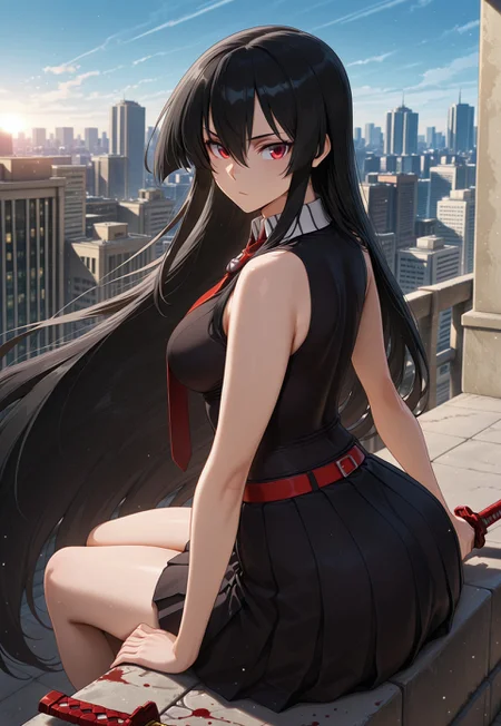 safe_pos, masterpiece, best quality, amazing quality, very aesthetic, light particles, scenery, ultra detailed, masterpiece \(quality\), BREAK, 1girl, solo, Akame, red_eyes, black_hair, very_long_hair, hair_between_eyes, medium_breasts, sleeveless_shirt, black_shirt, collared_shirt, pleated_skirt, black_skirt, red_belt, red_necktie, sword, weapon, katana, looking at viewer, holding, holding sword, holding weapon, sitting, outdoors, cityscape, sky, floating hair, city, building, sheath, blood, looking back, fate \(series\), ,masterpiece,best quality,amazing quality, very awa, perfect_anatomy, intricate eyes, anatomically_correct_body, year2024, year2023, ultra high resolution, 4k, UHD, HD, (nyantcha:0.5), (detailed background),