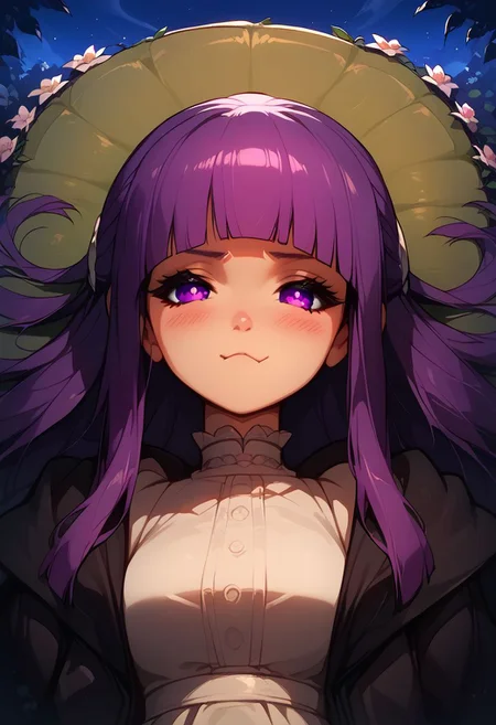 score_9, score_8_up, score_8, medium breasts, (curvy), cute, eyelashes, score_9, score_8_up, score_7_up, source_anime, 1girl, fern \(sousou no frieren\), large breasts, long hair, purple hair, blunt bangs, half updo, purple eyes, open robe, long dress, pout, puffy cheeks, looking at viewer, serious, blush, upper body, outdoors, laying down, smile, blush,
night sky,