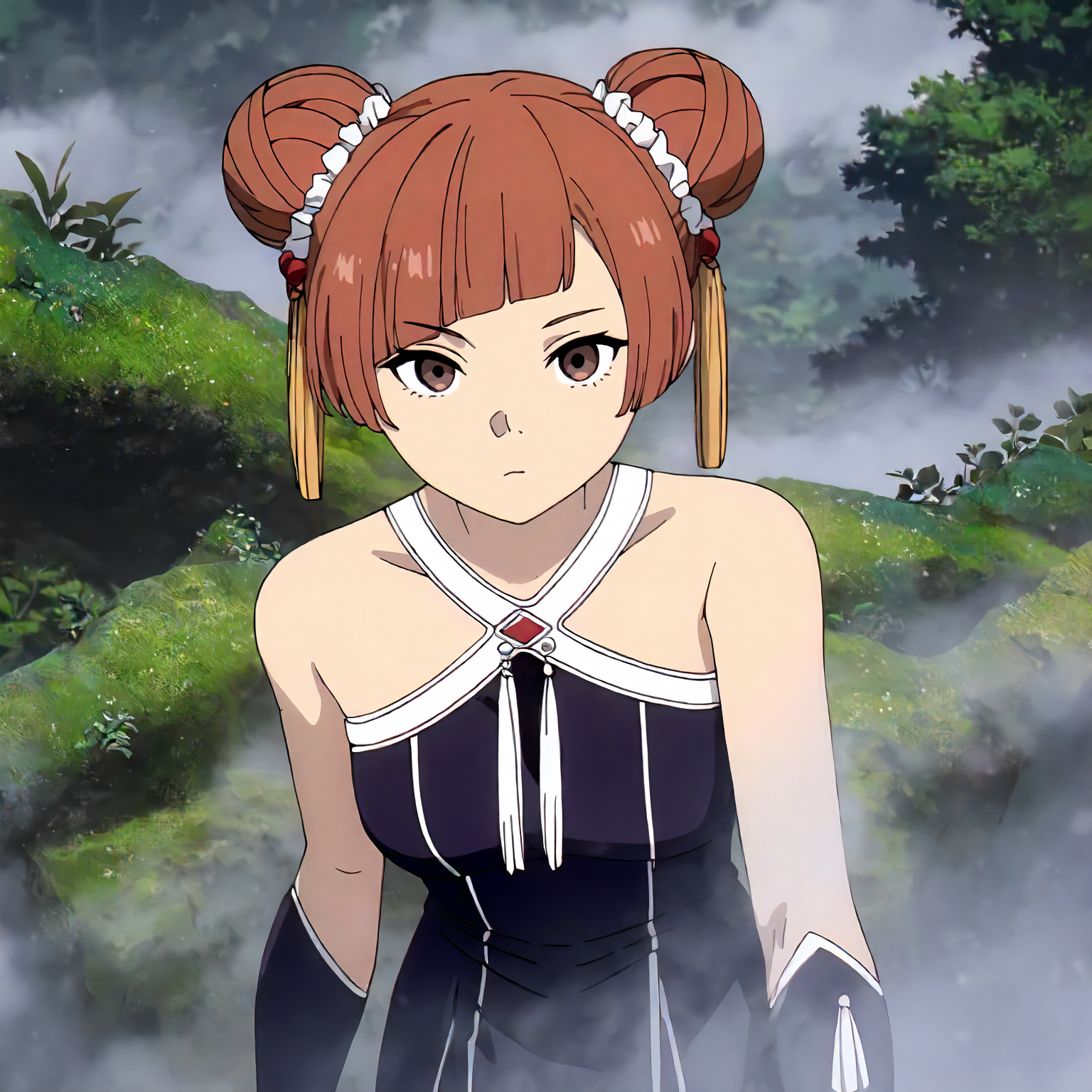 <lora:FBJE_LaufenXLIllustrious008>,
masterpiece,best quality,good quality,newest,
detailed background,nature,fog,moss,lens_flare,glitter,
looking at viewer,
solo,
Laufen,1girl,brown hair,short hair,double bun,brown eyes,yellow hairornament,
black dress,bare shoulders,
upper body,
standing,