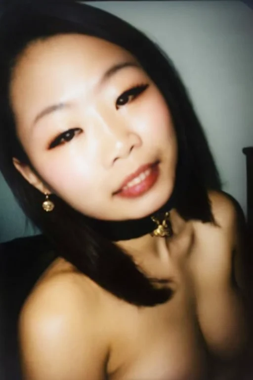 (blurry),a polaroid photo without a frame,Polaroid SX-70,reddit,r/AsiansGoneWild, ,Photos of a beautiful chinese idol,face,Detailed pupils,From front,Detailed eyes and looking at viewer,collar, earrings, jewelry,lips,sexual innuendo,temptation,sexy,bedroom,<lyco:pornpolaroidphoto-proV1:1>,face close up