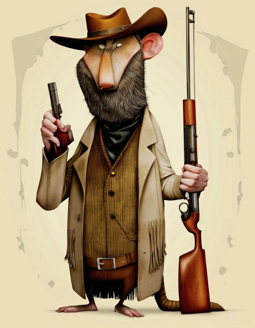 Art by Jean-Baptiste Vendamme. A cartoonish digital illustration shoot from a frontal camera angle about a cartoonish character with a long beard and a cowboy hat, dressed in a western-style outfit, holding a rifle in one hand and a gun in the other, standing confidently in the middle of the image. the character appears to be a muscular, anthropomorphic mouse with a beard and mustache, wearing a white coat with fringes, a black bandana around his neck, and brown pants. he has a stern expression and is looking to the side, with a slight smile on his face. the background is a simple, light beige color with a subtle, abstract design, and the character is positioned in the center of the frame. the style is reminiscent of western art, with bold lines and bright colors that bring the character to life.