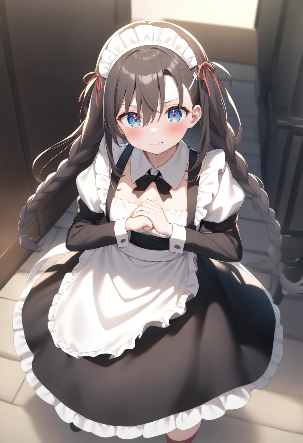 1girl,sincos, ningen mame, toosaka asagi,solo,medium breasts,20yo,maid,maid headdress,
cracking knuckles, own hands together, fist in hand,<lora:crackingknuckles_XL_v1:0.8>
from above, fisheye lens, looking down, white hair, purple eyes,flustered, stairs, closed mouth, twin braids hair,,
best quality, very aesthetic, absurdres