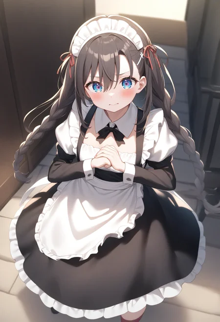 1girl,sincos, ningen mame, toosaka asagi,solo,medium breasts,20yo,maid,maid headdress,
cracking knuckles, own hands together, fist in hand,<lora:crackingknuckles_XL_v1:0.8>
from above, fisheye lens, looking down, white hair, purple eyes,flustered, stairs, closed mouth, twin braids hair,,
best quality, very aesthetic, absurdres