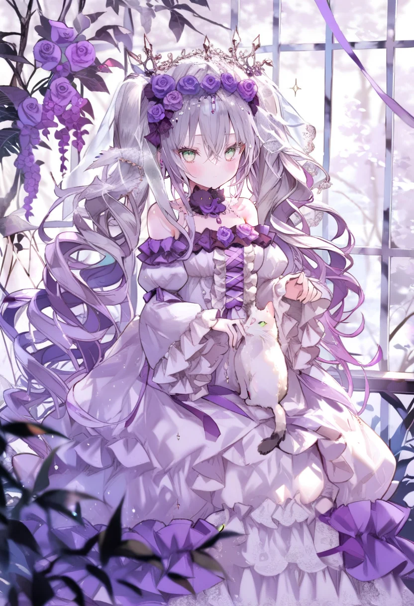 masterpiece, best quality, <lora:oninekoXL_ANI31_lokr_V43P1:0.95> 1girl, cat, dress, long hair, solo, flower, animal, long sleeves, very long hair, rose, frills, looking at viewer, hair ornament, hair between eyes, hair flower, purple flower, bare shoulders, frilled dress, white dress, blush, green eyes, purple rose, feathers, twintails, wide sleeves, closed mouth, puffy sleeves, purple dress, purple bow, grey hair, window, wings, purple ribbon, purple hair, grey eyes, ribbon, white cat, hand up, veil, tree, off-shoulder dress, bow, feathered wings, detached sleeves