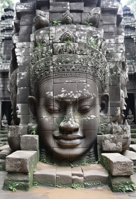 high quality, high resolution, extremely detailed,  Angkol, ruins, indoors, overgrowth, stone head, statue, no humans, the stone head's mouth is open and a waterfall of sand spews from it
