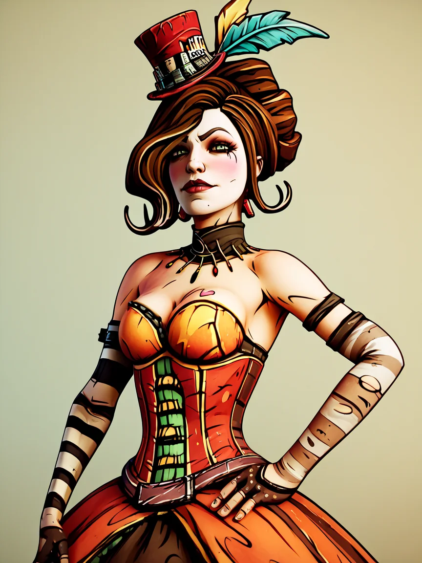score_9, score_8_up, score_7_up, score_6_up, score_5_up, <lora:borderlandsXLP:1> borderlands, 1girl, brown hair, corset, hat