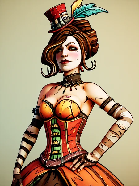 score_9, score_8_up, score_7_up, score_6_up, score_5_up, <lora:borderlandsXLP:1> borderlands, 1girl, brown hair, corset, hat