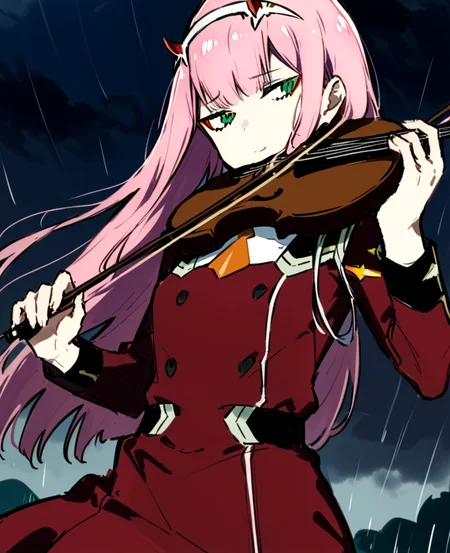 <lora:xtq:0.7>,violin,instrument,playing instrument,holding,bow \(music\),holding instrument,<lora:Vincent_Sketch_Manga:1>,daiton,<lora:zerotwo:1>,zero_two_(darling_in_the_franxx\),pink_hair,horns,hairband,white_hairband,green_eyes,bangs,uniform,shiny_hair,military_uniform,orange_necktie,rain,dark clouds,, masterpiece,best quality,very aesthetic,absurdres,8k,<lora:ä¿®æsl:1>,