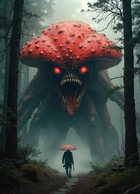 walking giantic flyagaric with teeth mouth chasing after hunter man, deep forest, detailed portrait, rural folk, ultra-detailed, 16k hdri, neo-expressionist, 50mm photo, , bright, modern ink, intricate
