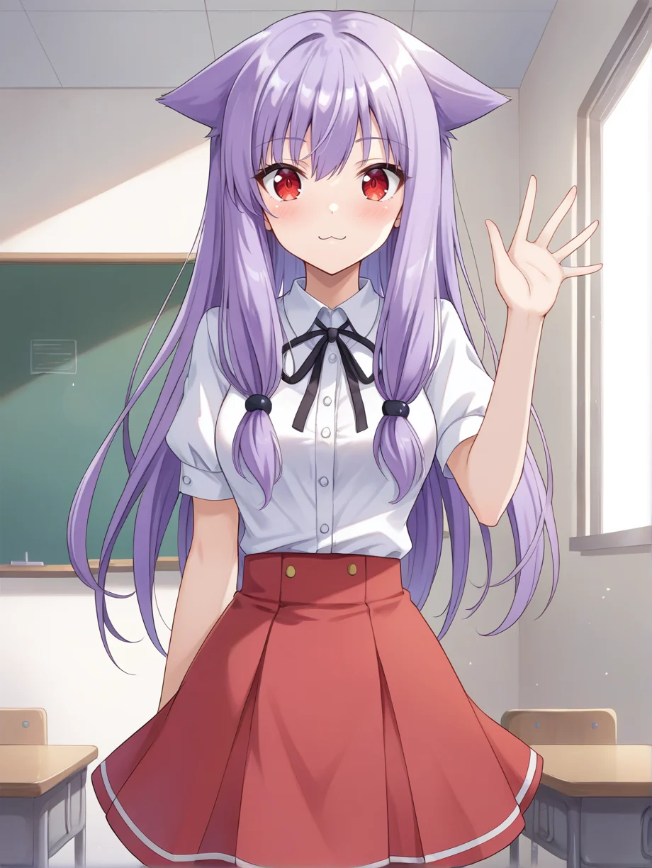 score_9, score_8, score_7_up, source_anime
1girl,medium breasts, Kiriya Nozomi , purple hair, red eyes, flat animal ears, long hair, hair tie, solo, smile
waving,
red skirt, white shirt, buttons, , school uniform, black ribbon
abandoned, t classroom
<lora:Kiriya Nozomi é§è°· å¸ v0.1 :0.7> <lora:StS_PonyXL_Detail_Slider_v1.4_iteration_3:0.2> <lora:Expressive_H:0.1> <lora:housechores-guy-PONYv1:0.4>