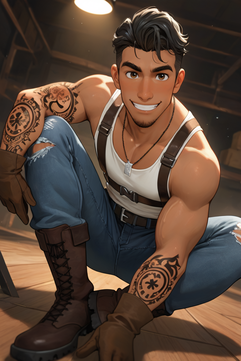 best quality, amazing quality, very aesthetic, absurdres, newest, dynamic angle, intricately detailed illustration, depth of field, masterpiece, volumetric lighting, expressive, dynamic action, masterpiece, perfect, clean detail, clean lines, smooth shading, 
BREAK, simple background, smiling, looking at viewer, casual pose, portrait, 
BREAK, 1boy, male focus, solo,coralpablo,black hair,brown eyes,facial hair,goatee,dark skin, tattoo on one arm, white tank top, ripped jeans, brown boots, brown gloves, torso harness, necklace,