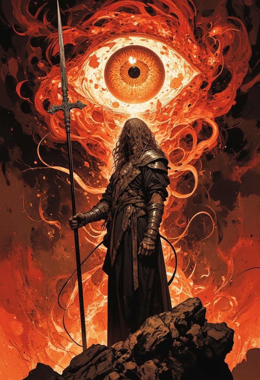 This is a digital illustration in a dynamic, semi-realistic style with heavy emphasis on dramatic, almost surreal elements. The artwork features a lone figure standing in a stylized, swirling vortex of dark, reddish-brown hues. The figure is a woman with long, flowing hair, dressed in dark, loose clothing, reminiscent of ancient warrior attire. She holds a long spear, its tip pointing upwards, suggesting readiness or determination. The focal point is her eye, which is the dominant feature in the center of the image. The eye is a striking, glowing orange, almost a solid circle, with intricate, swirling patterns around it, adding to the sense of intensity and focus. The background and surrounding area are filled with chaotic, abstract brush strokes and splatters in shades of red, black, and white, creating a sense of motion and chaos. The woman stands in a stylized, almost ethereal landscape, with the eye appearing to be the epicenter of the vortex, drawing the viewer's attention. The overall color palette is dominated by warm tones, with the intense reds and oranges contrasting starkly with the dark browns and blacks, giving the image a dramatic, almost apocalyptic feel.