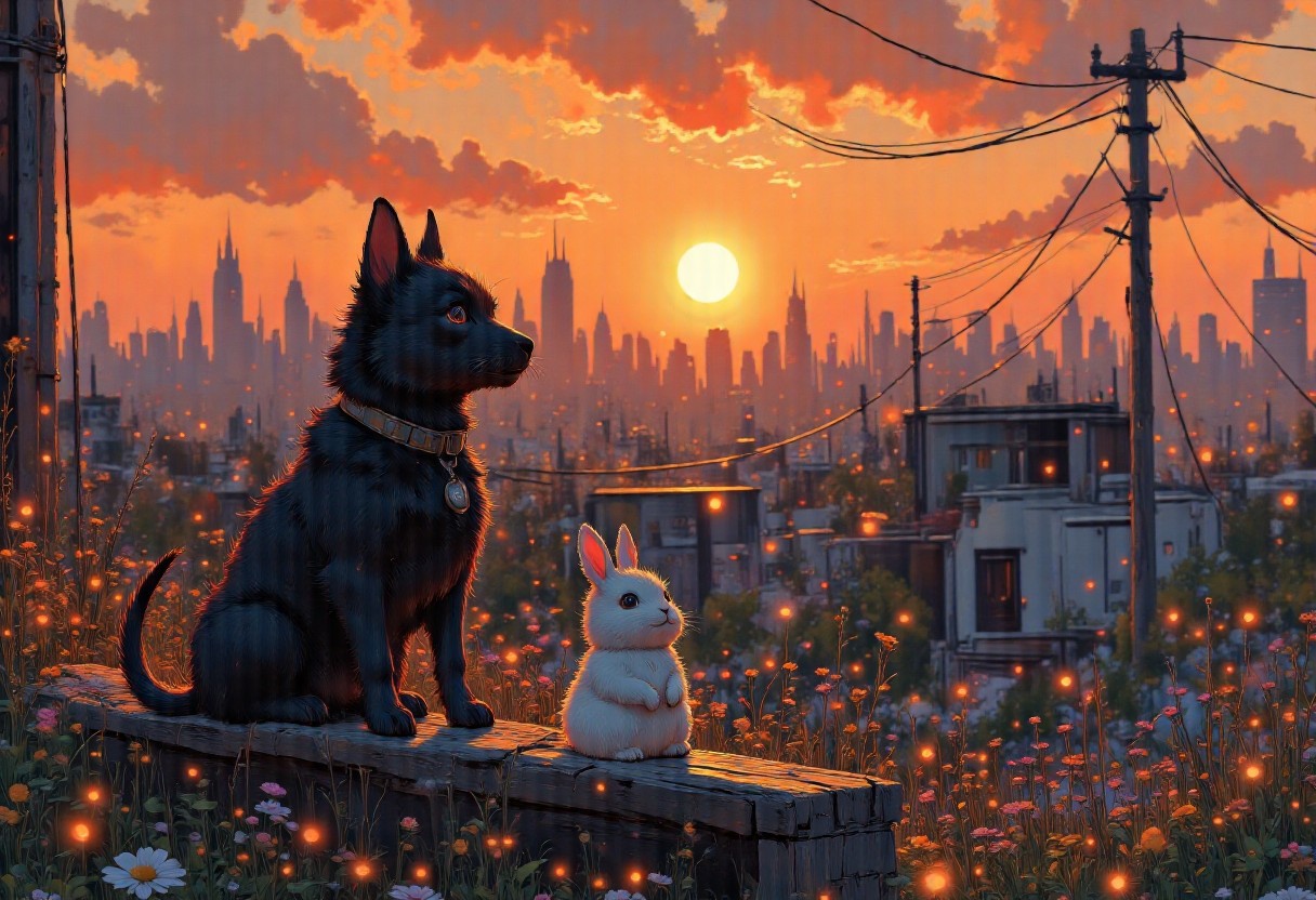 A serene urban sunset scene with a vivid red and orange sky illuminating the cityscape. A black dog is perched elegantly on a balcony railing, silhouetted against the warm glow of the setting sun. The dog gazes quietly into the distance, its tail curling softly around the railing, exuding a calm and reflective mood.
Next to the dog sits a small, white rabbit, its fur glowing faintly in the warm sunset light. The rabbit looks curious, slightly tilting its head as it observes the horizon alongside the dog, creating a harmonious and whimsical pairing. 
The background features a sprawling cityscape with rooftops, power lines, and tall buildings, all bathed in the golden light of dusk. Lush greenery grows along the edges of the balcony, adding a touch of natural beauty to the scene. The atmosphere is tranquil and enchanting, perfectly capturing the magic of a quiet moment shared between two unlikely companions.
<lora:Anime v1.3:1.2> <lora:Blue_Future:0.9> <lora:Ethereal_Brush_Anime_v1.0:0.6> <lora:It's a LoRA for portraits, BUT! actually specialized in backgrounds. v1.0:0.2>