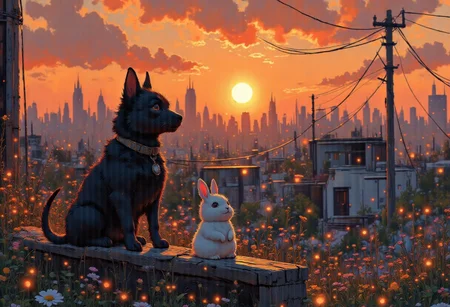 A serene urban sunset scene with a vivid red and orange sky illuminating the cityscape. A black dog is perched elegantly on a balcony railing, silhouetted against the warm glow of the setting sun. The dog gazes quietly into the distance, its tail curling softly around the railing, exuding a calm and reflective mood.
Next to the dog sits a small, white rabbit, its fur glowing faintly in the warm sunset light. The rabbit looks curious, slightly tilting its head as it observes the horizon alongside the dog, creating a harmonious and whimsical pairing. 
The background features a sprawling cityscape with rooftops, power lines, and tall buildings, all bathed in the golden light of dusk. Lush greenery grows along the edges of the balcony, adding a touch of natural beauty to the scene. The atmosphere is tranquil and enchanting, perfectly capturing the magic of a quiet moment shared between two unlikely companions.
<lora:Anime v1.3:1.2> <lora:Blue_Future:0.9> <lora:Ethereal_Brush_Anime_v1.0:0.6> <lora:It's a LoRA for portraits, BUT! actually specialized in backgrounds. v1.0:0.2>