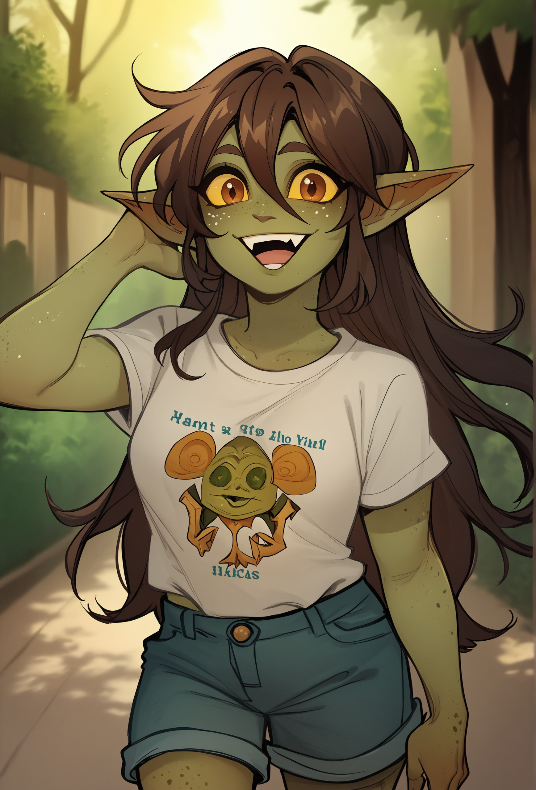 score_9, score_8_up, score_7_up, depth of field,
<lora:glacierclear_style_ponyXL_v2.3:1> gclearstyle, 1girl, solo, green skin, female goblin, sidelocks, yellow sclera, brown eyes, freckles, t-shirt, shorts, long hair, hair between eyes, happy, looking at viewer,
