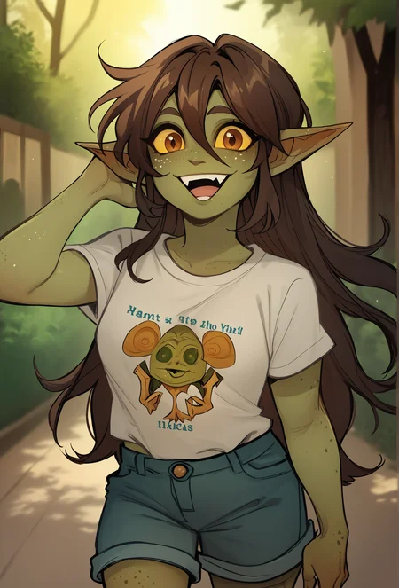 score_9, score_8_up, score_7_up, depth of field,
<lora:glacierclear_style_ponyXL_v2.3:1> gclearstyle, 1girl, solo, green skin, female goblin, sidelocks, yellow sclera, brown eyes, freckles, t-shirt, shorts, long hair, hair between eyes, happy, looking at viewer,