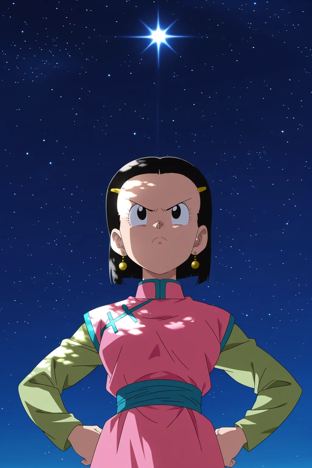 anime screencap, absurdres, high quality, official style,
chi-chi, gt, official style, 1girl, solo, chinese clothes, looking at another, short hair, outdoors, night sky, black hair, hair ornament, long sleeves, green sleeves, star \(sky\), pink dress, blue sash, standing, upper body, earrings, black eyes, from below, hands on hips, v-shaped eyebrows, frown, dappled moonlight,
<lora:Chi_Chi_IL:0.8>
