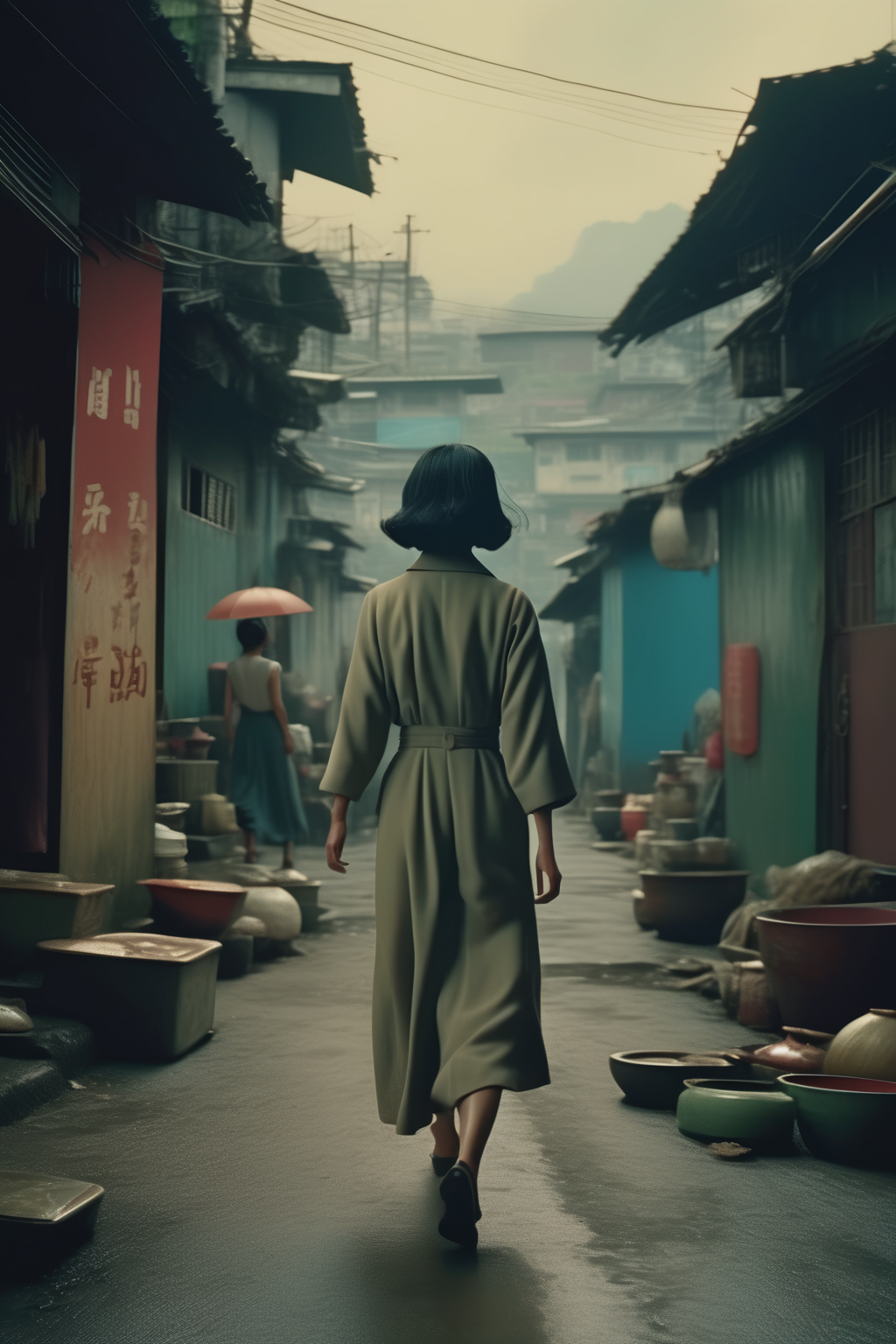 <lora:Director Park Chan-wook style:1>Director Park Chan-wook style - 1950s taiwan, 1 woman walking in a slum lane, full shot, full body, dramatic shot, film color palette, color grading, ambient light, bright and clear color tone, film composition, composition that reflects the tension of the characters, film grain, masterpiece, photography, ultra detailed, extremely beautiful, cinematic lighting,realistic photography, masterpiece,extremely detailed CG unity 8k wallpaper,best quality,Amazing,beautiful detailed eyes,finely detail,Wide-angle lens,super wide angle lens,pov,dynamic angle,cinematic lighting,