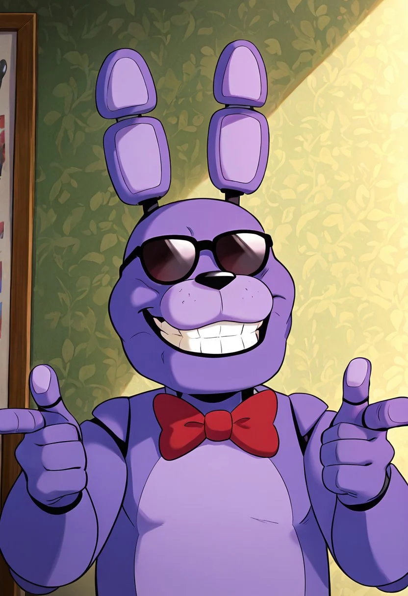 masterpiece, best quality, amazing quality, very aesthetic, absurdres, newest, detailed background,
cartoon, screencap,
bonnie, rabbit ears, red bowtie,, 1boy, joints, animatronic
sunglasses, finger guns, smile, teeth, holding glasses,