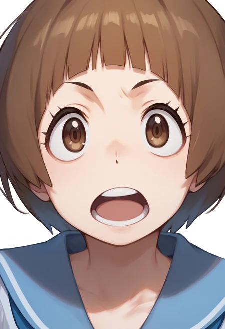 score_9, score_8_up, score_7_up, score_6_up, score_5_up, score_4_up, BREAK,
1girl, mankanshokumako, brown eyes, brown hair, short hair, bob cut, school uniform,
open mouth, round teeth,
upper body, looking at viewer, solo, simple background, white background <lora:MakoMankanshokuXL:1>