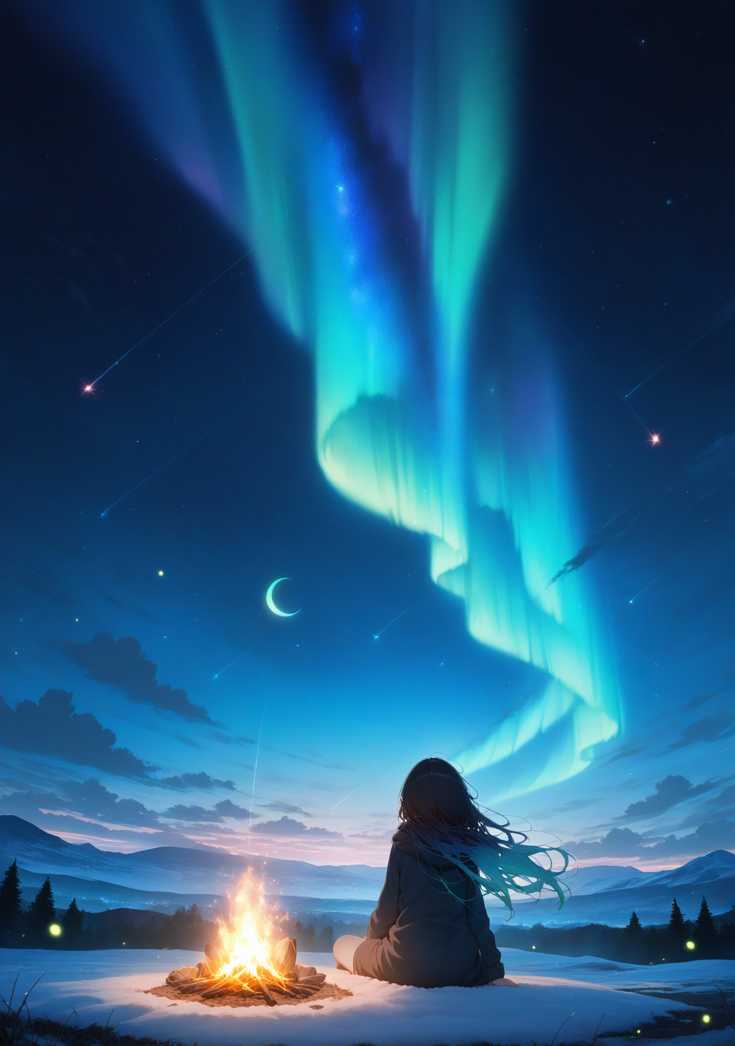 masterpiece,best quality,amazing quality,
<lora:ricotte2:1>,ricottestyle,
1girl,aerial fireworks,aurora,campfire,cloud,constellation,crescent moon,earth \(planet\),fireflies,fireworks,galaxy,light particles,long hair,milky way,moon,moonlight,night,night sky,planet,shooting star,sky,skyline,snowing,solo,space,star \(sky\),star \(symbol\),starry background,starry sky,starry sky print,sitting,