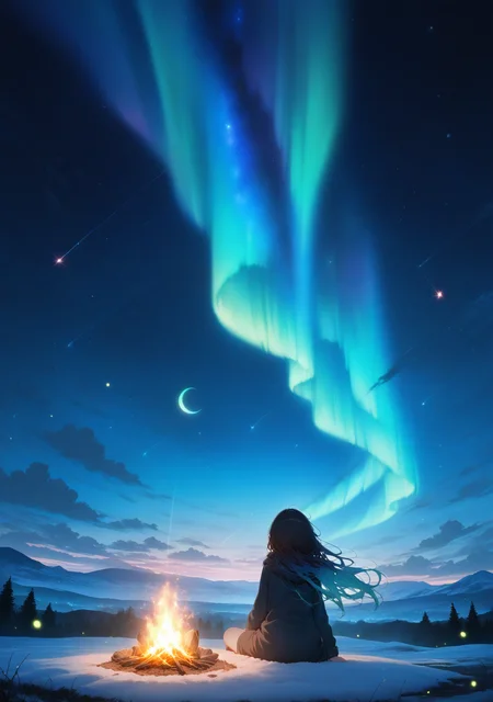 masterpiece,best quality,amazing quality,
<lora:ricotte2:1>,ricottestyle,
1girl,aerial fireworks,aurora,campfire,cloud,constellation,crescent moon,earth \(planet\),fireflies,fireworks,galaxy,light particles,long hair,milky way,moon,moonlight,night,night sky,planet,shooting star,sky,skyline,snowing,solo,space,star \(sky\),star \(symbol\),starry background,starry sky,starry sky print,sitting,