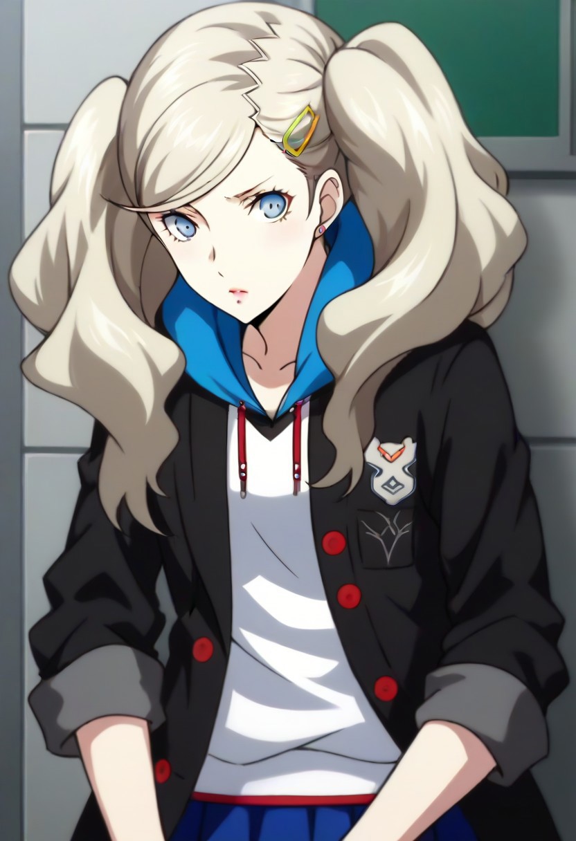 (source_anime), 1 girl, solo, nsfw, cute face, p5ann, twintails, long hair, takamaki anne, blonde hair, hairclip, skirt, uniform, jacket, open clothes, hairclip, hood, miniskirt, sweater, open jacket, black jacket, hoodie,hood down, white sweater, red pantyhose, hooded cardigan, uniform,