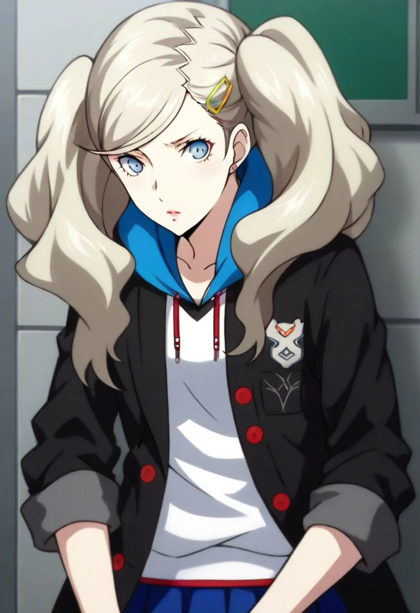 (source_anime), 1 girl, solo, nsfw, cute face, p5ann, twintails, long hair, takamaki anne, blonde hair, hairclip, skirt, uniform, jacket, open clothes, hairclip, hood, miniskirt, sweater, open jacket, black jacket, hoodie,hood down, white sweater, red pantyhose, hooded cardigan, uniform,