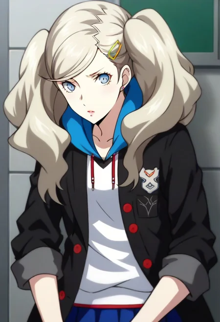 (source_anime), 1 girl, solo, nsfw, cute face, p5ann, twintails, long hair, takamaki anne, blonde hair, hairclip, skirt, uniform, jacket, open clothes, hairclip, hood, miniskirt, sweater, open jacket, black jacket, hoodie,hood down, white sweater, red pantyhose, hooded cardigan, uniform,